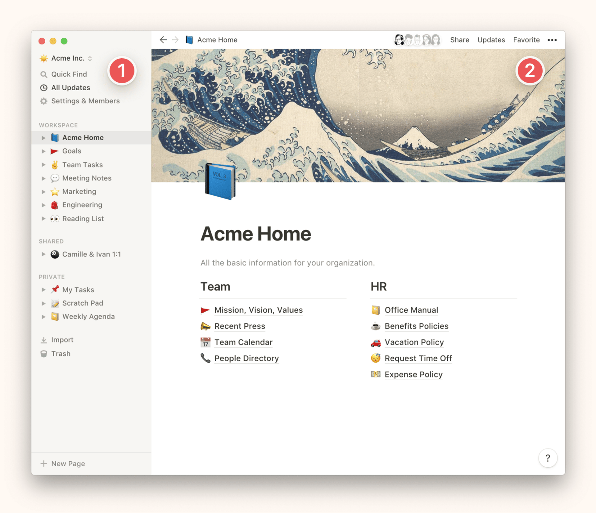 Vista general del espacio de trabajo de Notion