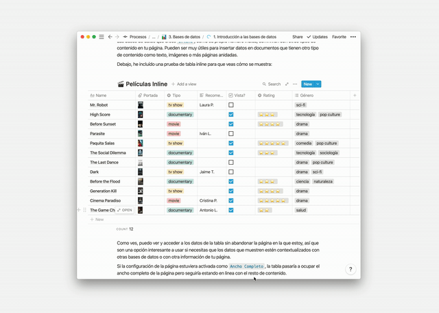 Añadir una vista de base de datos en Notion