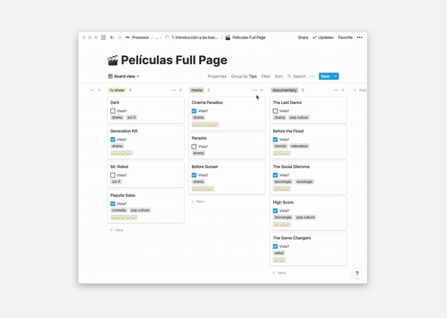 Criterios de agrupación en tableros de Notion