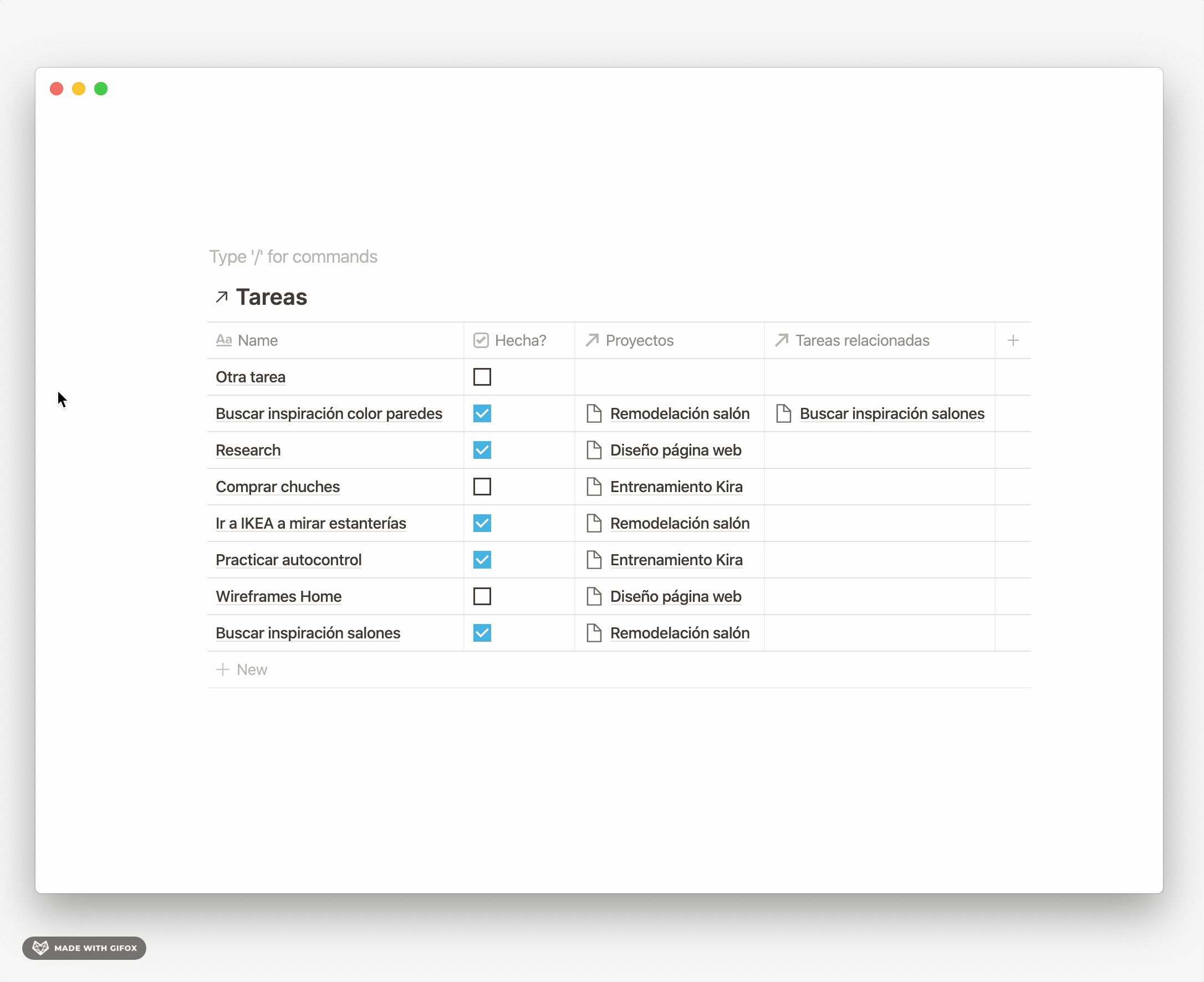 Tareas relacionadas en Notion