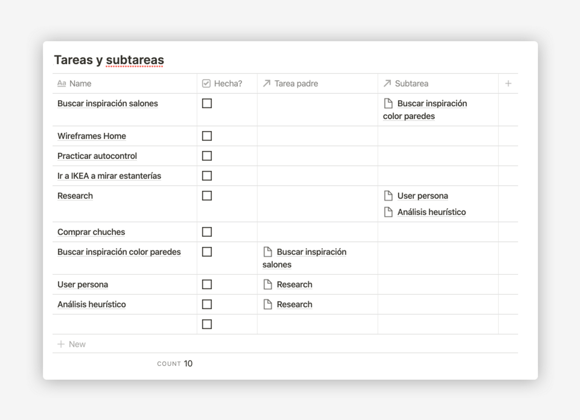 Tareas y subtareas en Notion