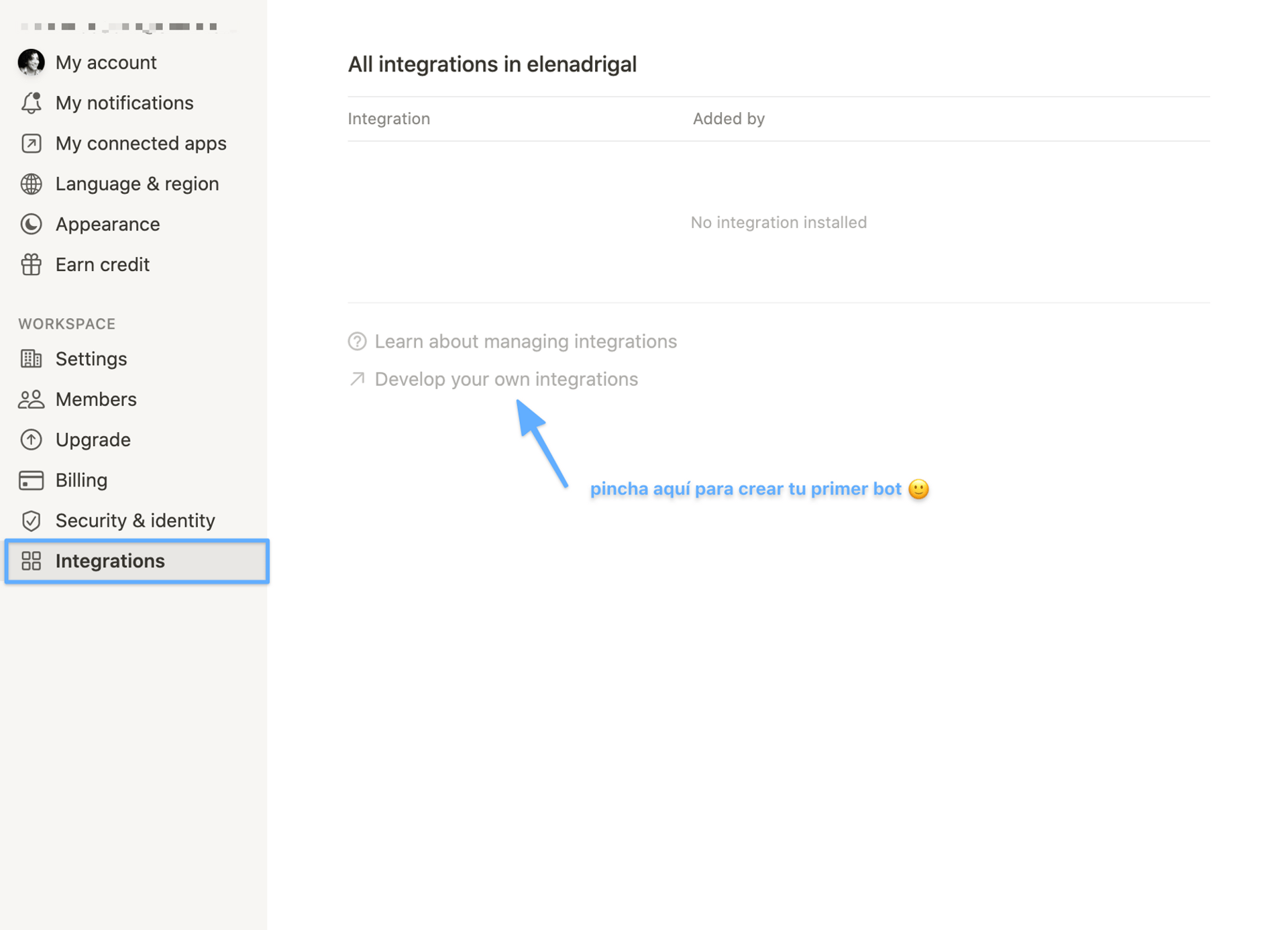 Crear una integración en Notion - paso 1